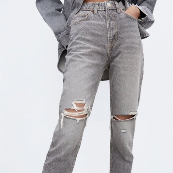 High-Rise Mom Fit Grey Distressed Denim Jeans, Size 10 - Picture 1 of 9